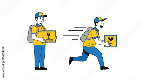 Fast delivery service with two couriers carrying fragile packages, one standing and one running quickly