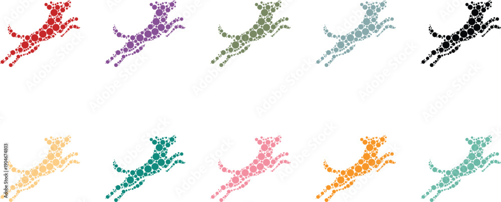 Fototapeta premium Dynamic dot art dog silhouettes in motion, Dog animal silhouettes circle mosaic style
