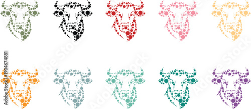 Bull head silhouettes composed of circles, Bull animal head dot art silhouette collection