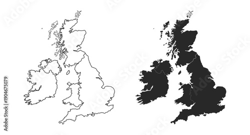 Bundle isolated outline and solid glyph illustration set of England Wales Scotland island map icons for geography navigation infographic design usage