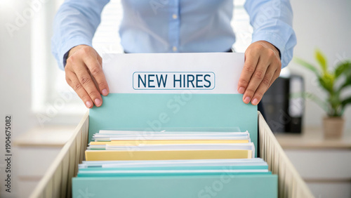 New hires folder in human resources recruitment office showing organized employee documents for smooth onboarding process