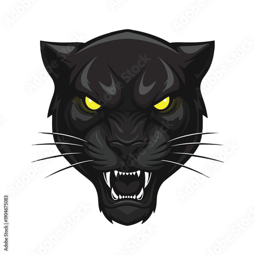 Illustration of an aggressive black panther head with yellow eyes and sharp teeth on a white background.