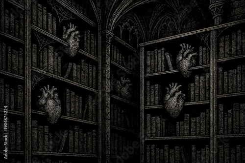 Gothic library illustration with human hearts on bookshelves, evoking mystery and surrealism