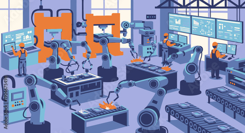 Modern Automated Factory Interior with Robotic Arms and Control Stations in Bright Studio