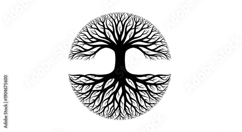 Stylized Tree with Intertwined Roots in a Circle, Isolated White Background