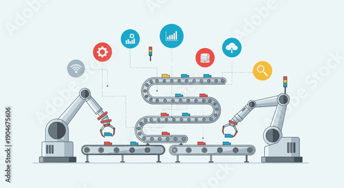 Industrial Robotic Arms on Smart Factory Assembly Line with Cloud Computing Icons in Bright Studio