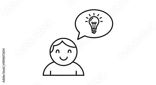 Happy Person Icon with a Thought Bubble Containing a Lightbulb, Representing a New Idea and Creative Thinking on an Isolated White Background.