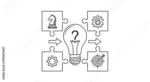 Problem-Solving and Innovation Concept with Lightbulb, Question Mark, Puzzle Pieces, Gears, and Chess Knight on an Isolated White Background.