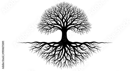 Stylized Tree with Spreading Roots Symbolizing Growth on isolated white background