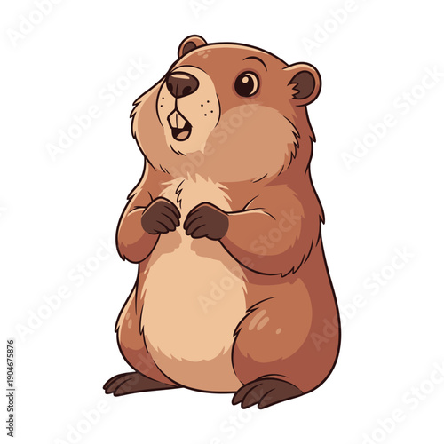 Cartoon groundhog standing upright with hands clasped in front on white background