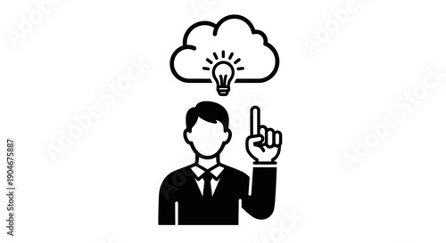 Confident Businessman Pointing Upwards with a Brilliant Idea Lightbulb in a Thought Cloud, Representing Innovation and Business Strategy on an Isolated White Background.