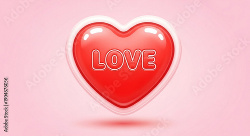 Glowing red heart with love text on pink background symbolizing affection and romance