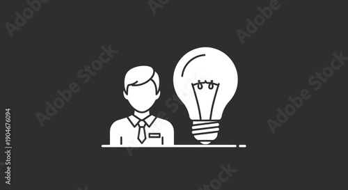 Two Business People Silhouettes Brainstorming with Light Bulb Idea on Dark Background, Creative Problem Solving Concept