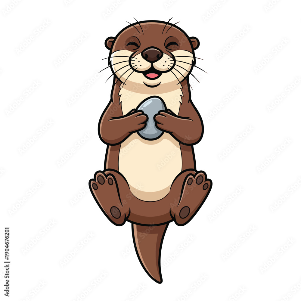 Naklejka premium A cheerful cartoon otter holding a stone in a cute pose against a clean white background.