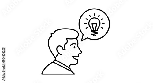 Man's head in profile with speech bubble showing a light bulb, symbolizing an idea being spoken or shared, isolated white background.