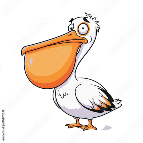 Cartoon pelican standing with an exaggerated orange beak on a white background