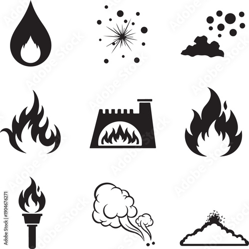 Black and White Fire and Flame Icons Set for Emergency and Danger