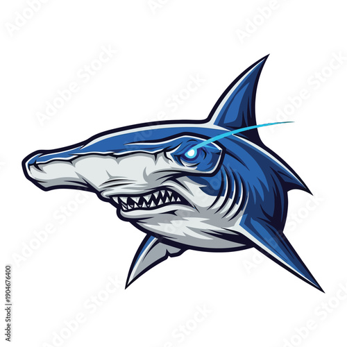 Illustration of a blue shark head with glowing blue eye and laser beam against a white background.