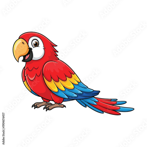 Colorful cartoon parrot standing on a plain white background