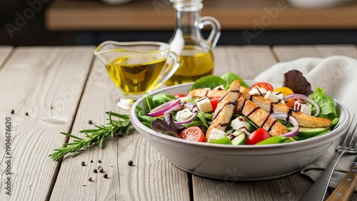 Grilled Chicken Salad with Feta Cheese and Fresh Vegetables on Rustic Wooden Table