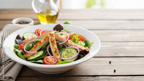 Grilled chicken salad with fresh vegetables served in a white bowl on a wooden table