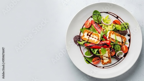 Grilled Halloumi Salad with Tomatoes and Peppers on White Plate