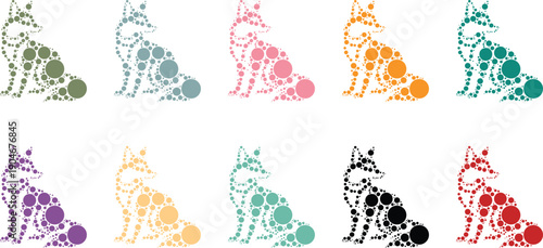 Sitting fox silhouettes in multiple color styles, Colorful fox animal dot art silhouettes