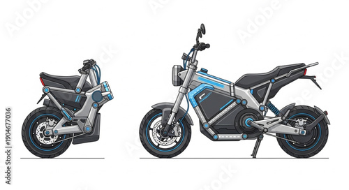 Modern electric motorcycle and its folded compact form.