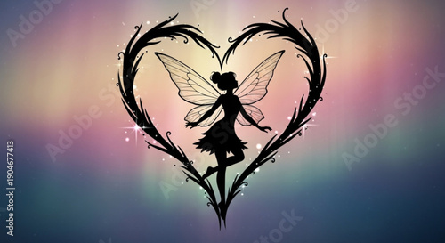 Whimsical fairy silhouette in heart shaped floral frame with wings spread against soft pastel rainbow background