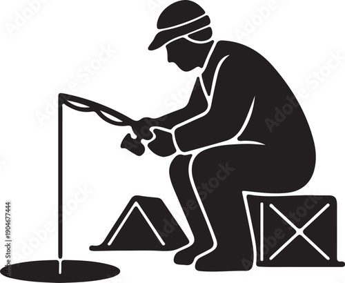  Ice Fishing Sports icon in silhouette on white background.