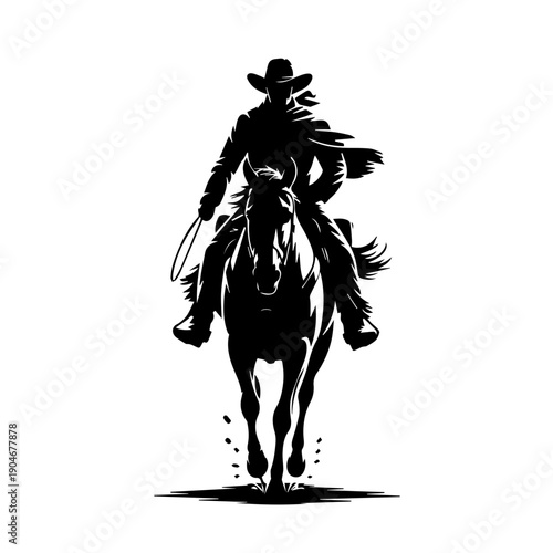 Bold black vector silhouette illustration of upright cowboy riding muscular horse in dynamic western motion style
