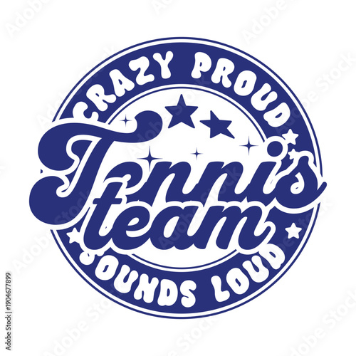 A blue and white logo for a tennis team with a proud slogan