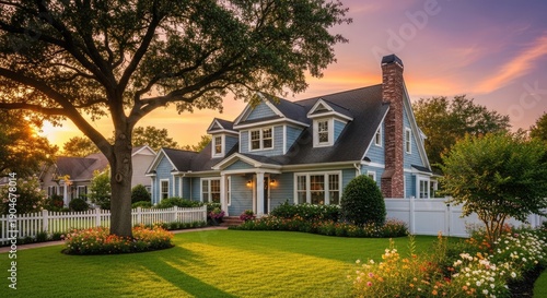 A charming blue house with a chimney and a tree in the front yard, surrounded by a white picket fence and lush green grass.