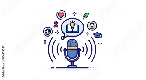 E learning microphone icon with education symbols and thought bubble for online courses and digital learning