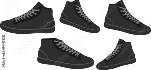 Black high top sneakers set showing multiple angles modern casual street footwear isolated on white background fashion vector illustration
