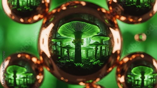 Polished copper orbs reflecting a mystical green glowing mushroom forest.