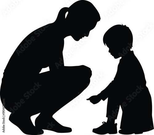 Silhouette of a mother kneeling down to tie her child's shoelaces, full of care and attention, minimalist black vector on a pure white background