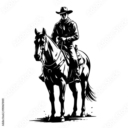 Bold black vector silhouette illustration of upright cowboy riding muscular horse in dynamic western motion style