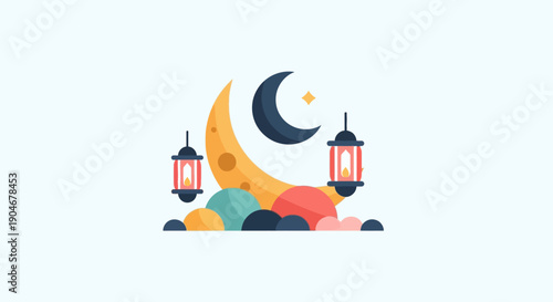 Crescent Moon Lanterns Islamic Symbolism Illustration.