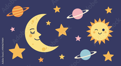 Cute Cartoon Moon Sun Planets Stars Illustration.