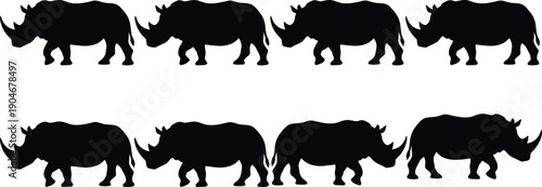 Rhinoceros silhouette pattern set showing repeated wild animal shapes side view isolated on white background wildlife vector illustration
