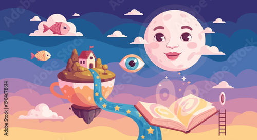 Fantasy Moon Character with Book and Island.