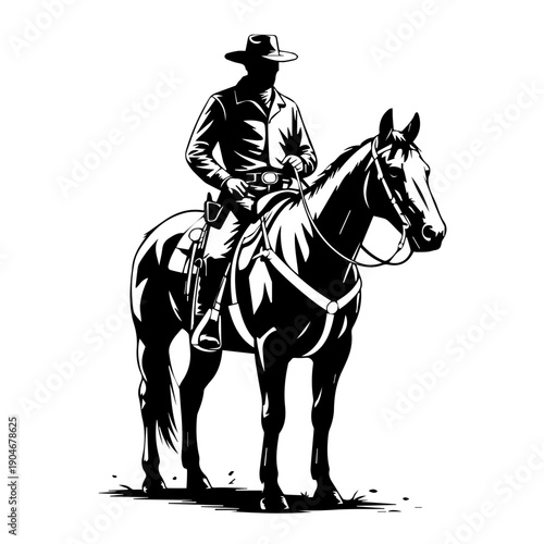 Bold black vector silhouette illustration of upright cowboy riding muscular horse in dynamic western motion style