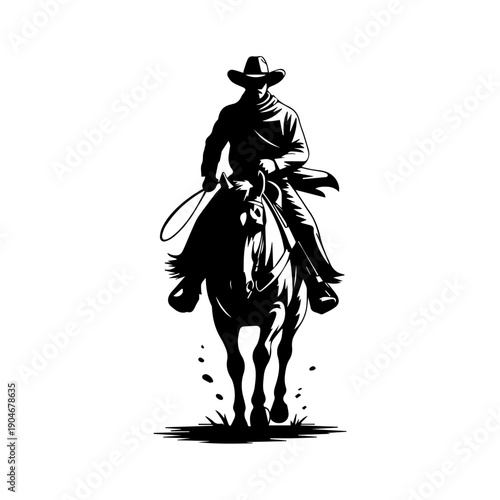 Bold black vector silhouette illustration of upright cowboy riding muscular horse in dynamic western motion style