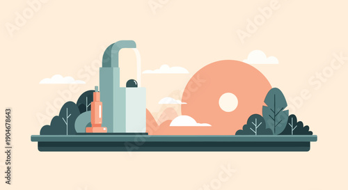 Industrial Factory Illustration with Pipe and Trees.