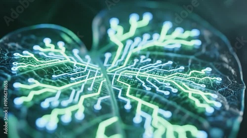 A macro shot of a green leaf featuring glowing blue and green integrated circuit patterns.