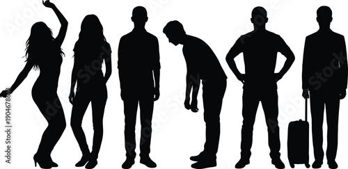 People silhouettes set, men and women standing walking dancing tired business traveler poses vector illustration black collection lifestyle modern design