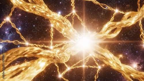 A network of stars in deep space connected by glowing golden ropes of cosmic energy.