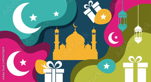 Islamic Mosque with Gifts and Crescent Moon.