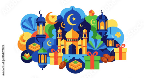 Islamic Mosque Illustration with Symbols and Gifts.